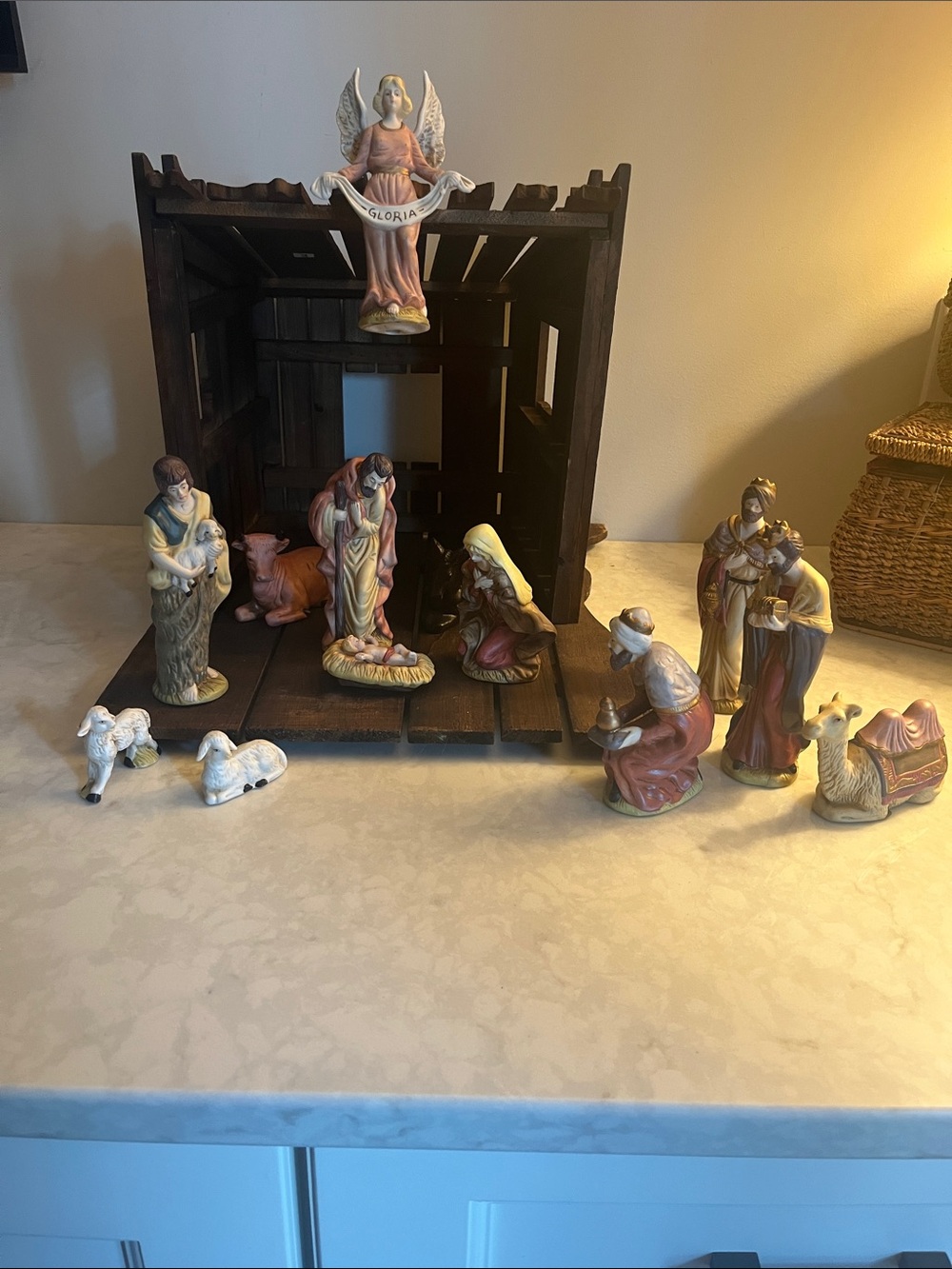 Vintage Nativity CRECHE & FIGURES 13 Piece 5" Scale Set wood crèche large size